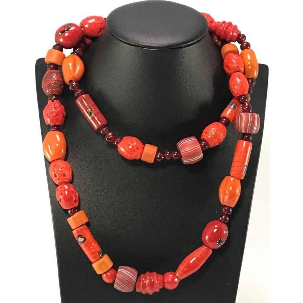 Brick Red Assorted Antique African Trade Bead Necklace 38" 77 Beads Shapes Sizes